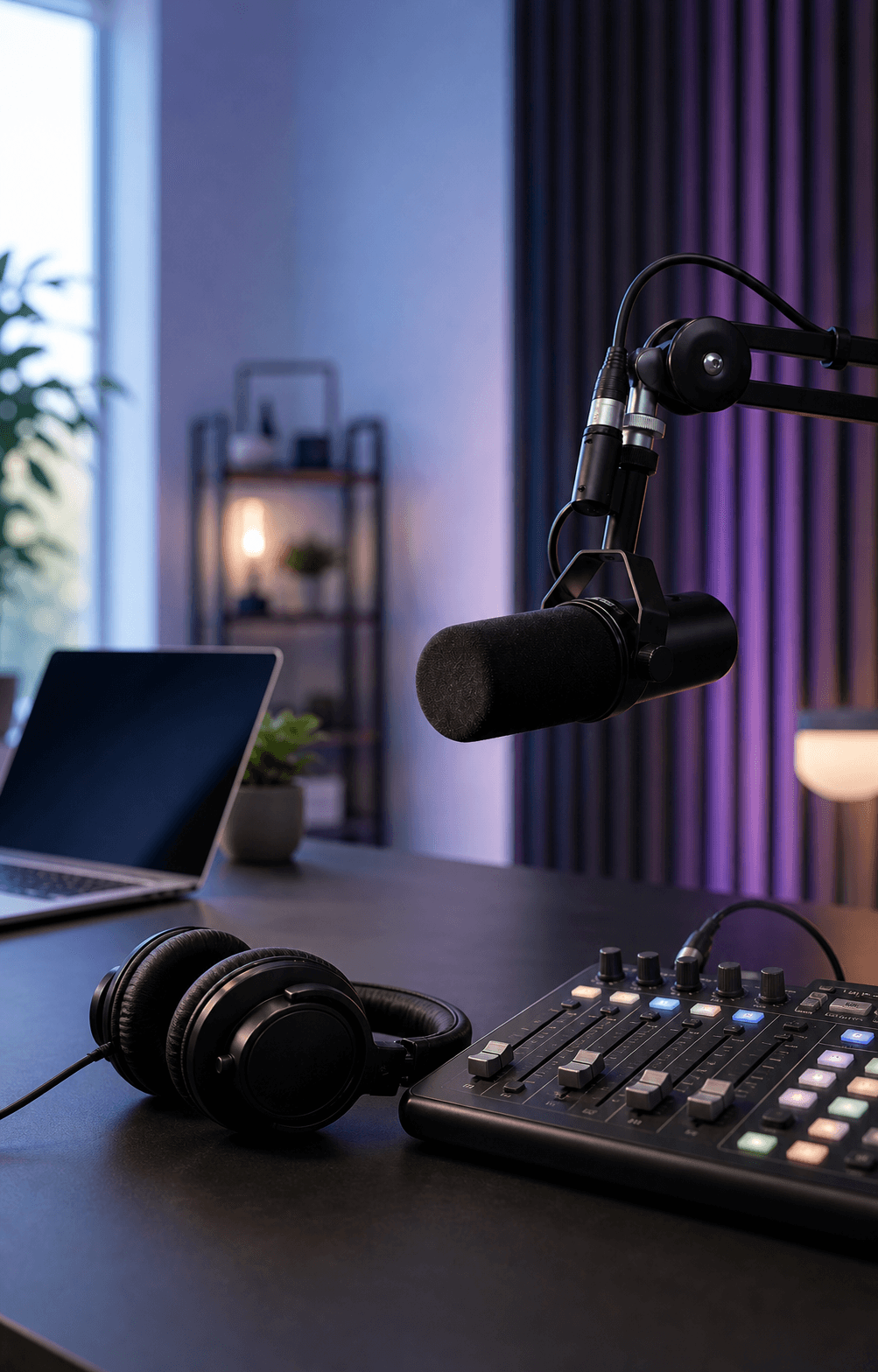 Close-up podcast microphone with audio mixer and headphones
