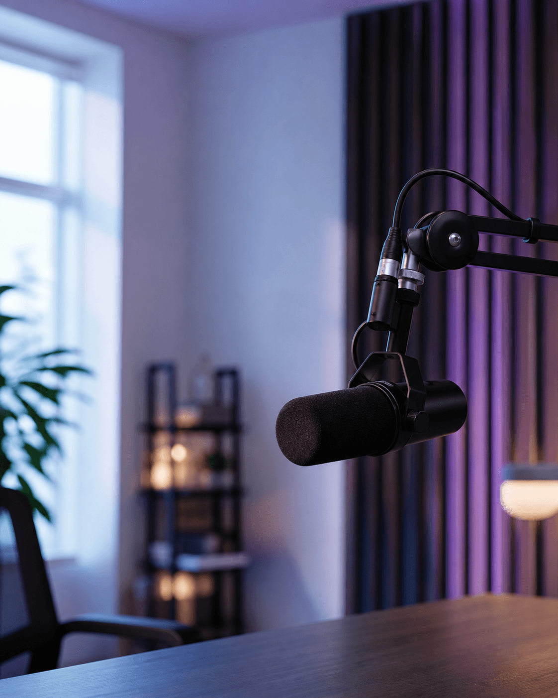 Broadcast microphone in a clean studio room