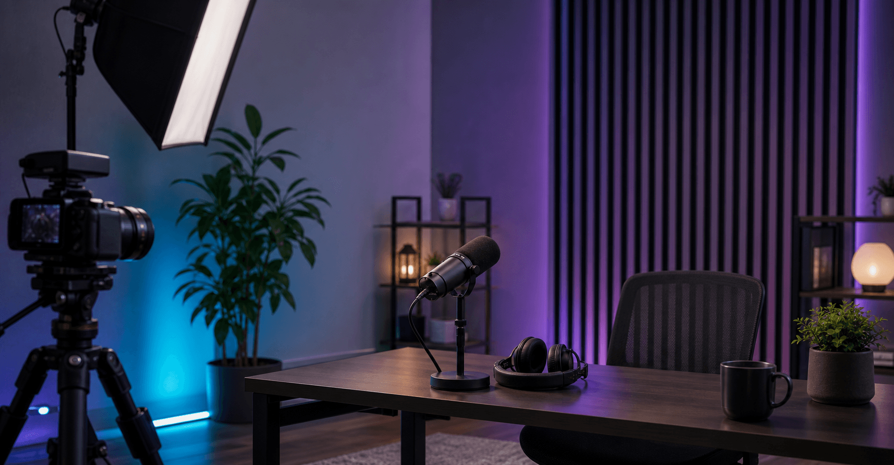 Podcast desk with camera, microphone and studio lighting