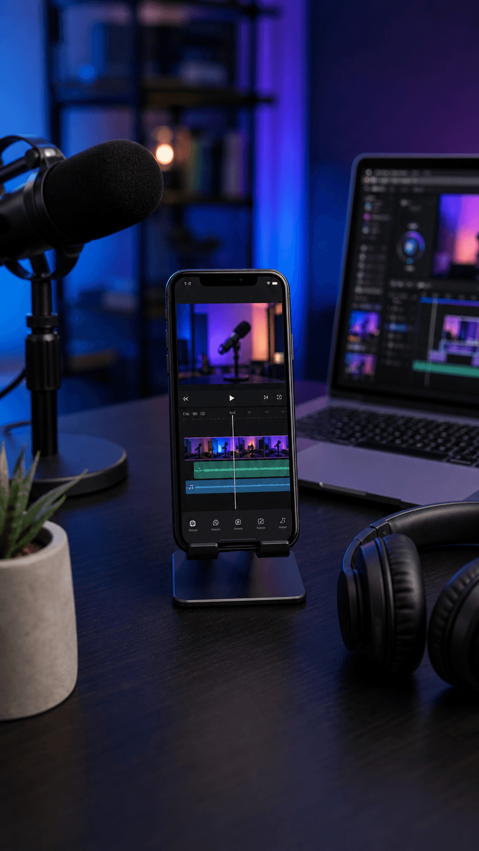 Phone and laptop showing a podcast editing workflow