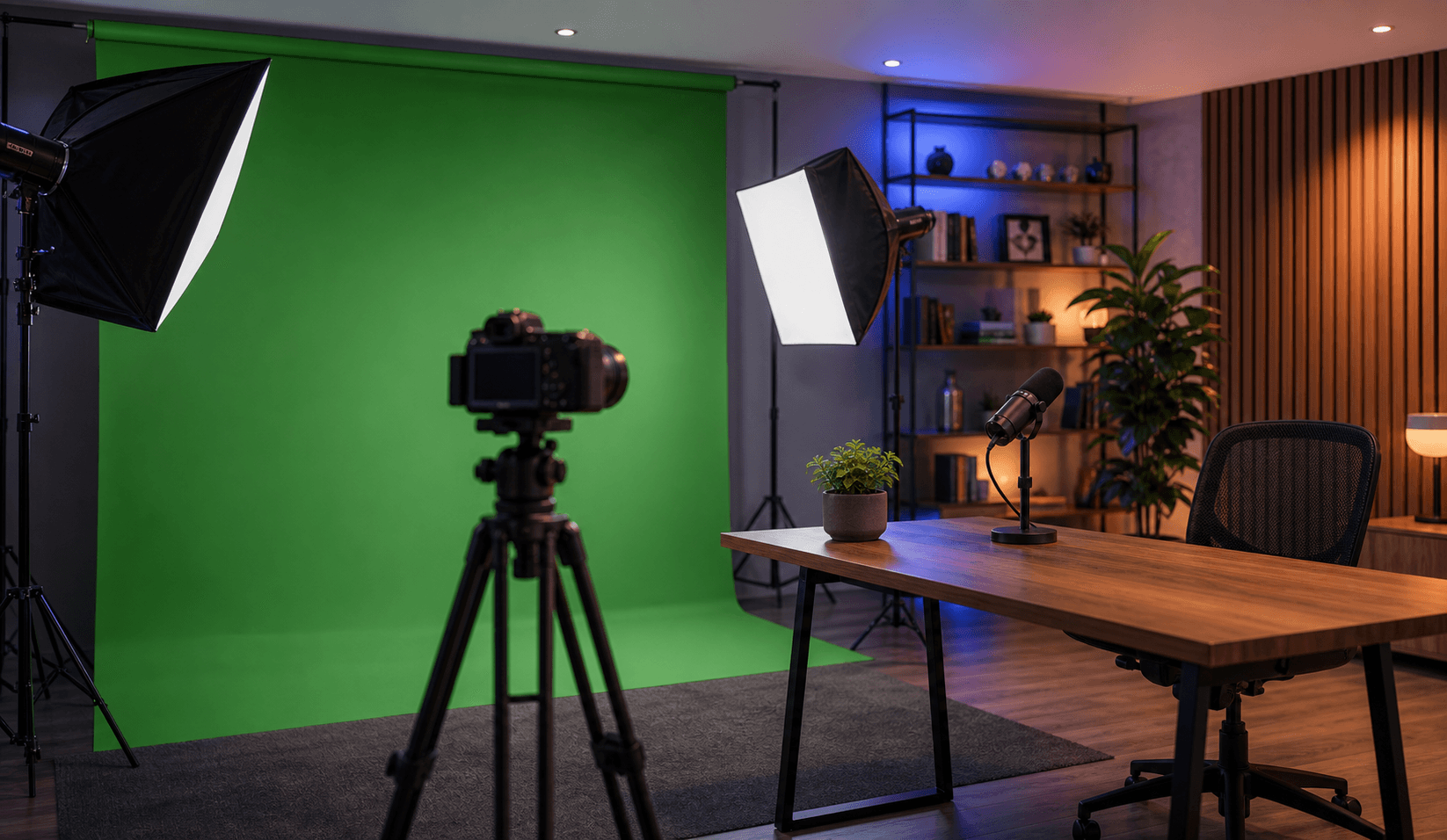 Green screen podcast studio setup with camera and lights