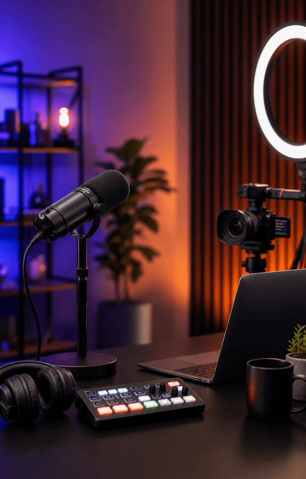 Podcast microphone with ring light and camera setup