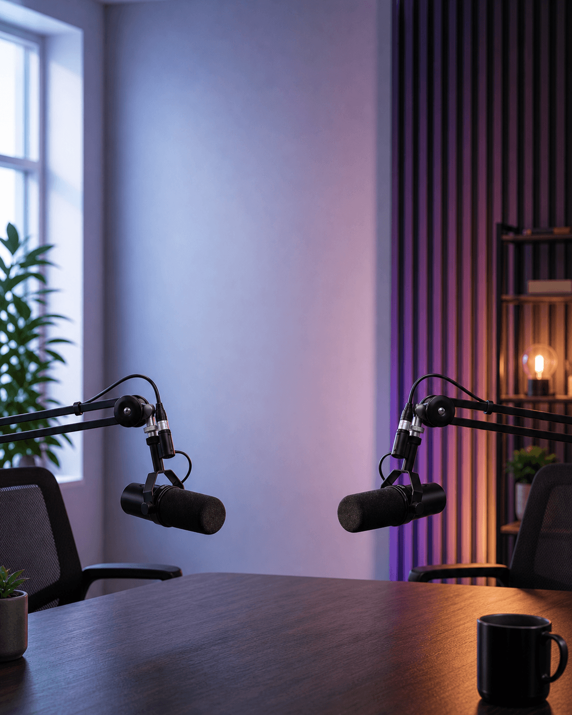 Two broadcast microphones in a ready podcast room